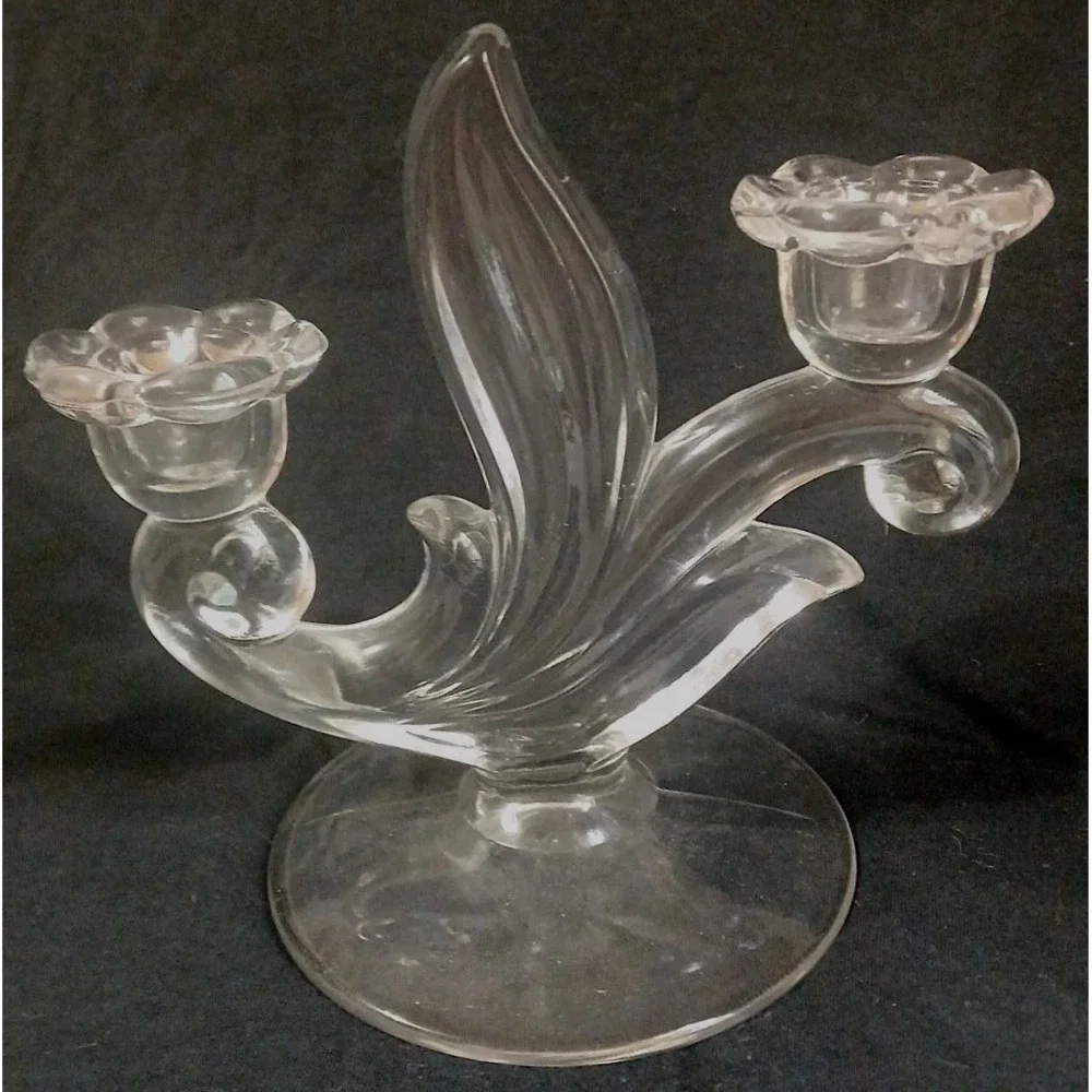 2 Glass Candleholders Double Candelabra Canterbury Style Floral Flame‎ Art Deco